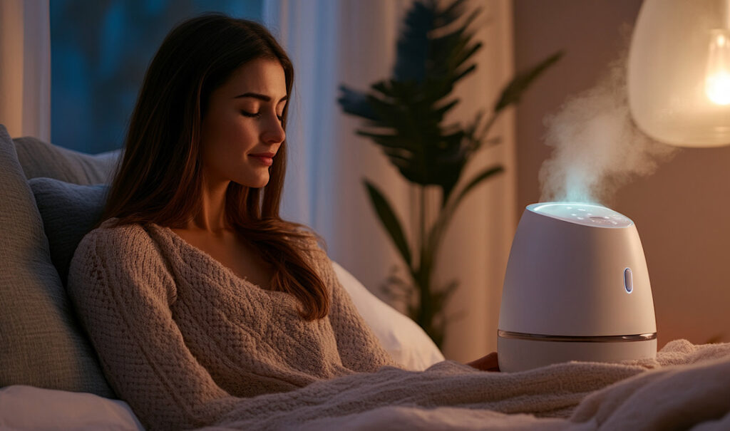 Enhancing comfort with a humidifier in a cozy bedroom during a calm winter evening.