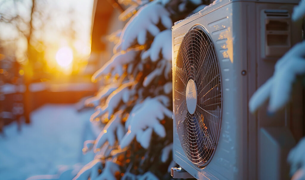 Outdoor HVAC unit with a winter scape, sunrise in the background with snow covering the pine trees and ground.