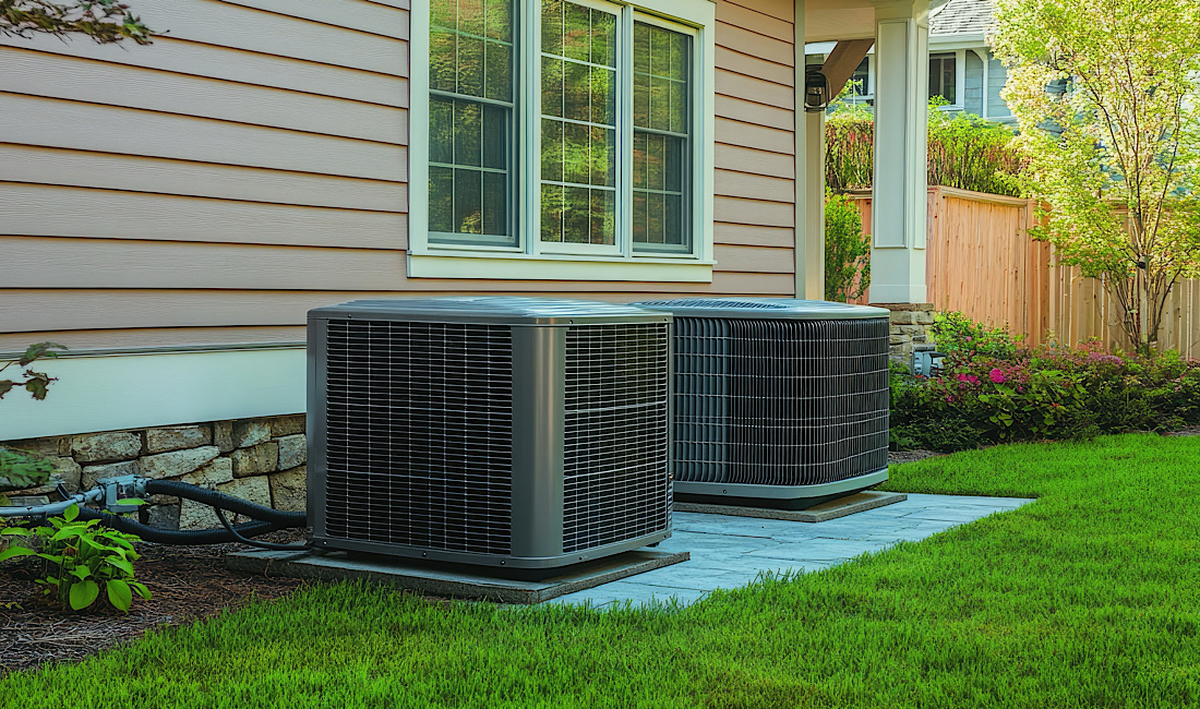 Two central air conditioning units are installed outside a house, providing cool air during the summer in Denver, CO.
