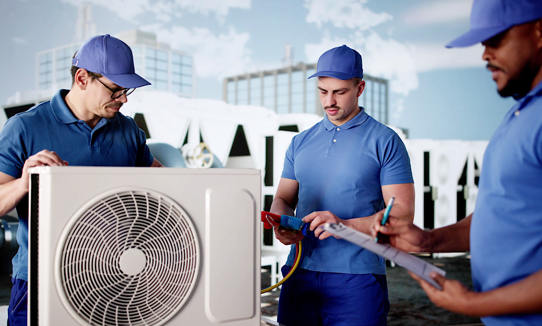 Group of Technicians going over HVAC Checklist in Denver