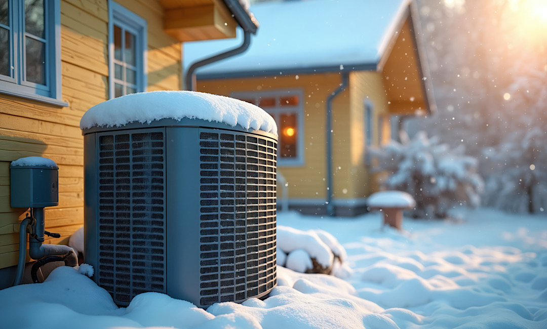 Outdoor heat pump covered snow near cozy house. Winter home heating, energy efficiency concept. Residential HVAC system in cold weather. Saving energy tech for winter Denver home.