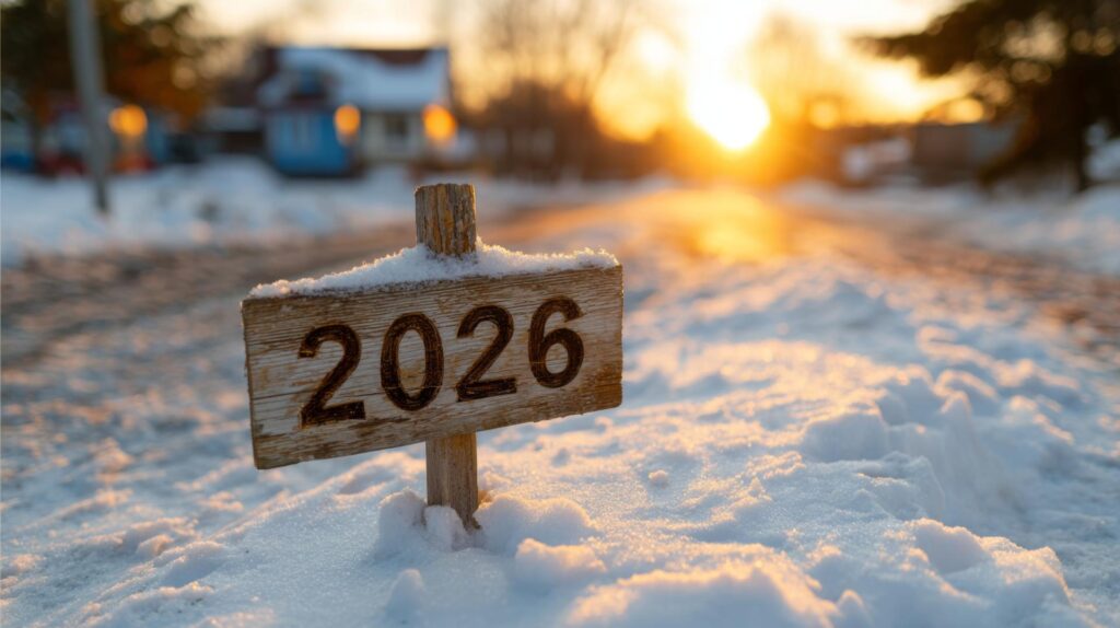 A wooden sign reading '2026' stands in the snow, framed by a winter sunset, creating a serene and hopeful ambiance.