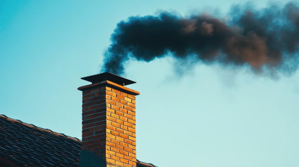 Brick chimney emitting black smoke into the atmosphere on blue sky background