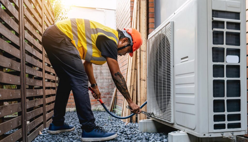 HVAC Technician Installing Air Conditioner Outdoor Unit Professional Service and Maintenance