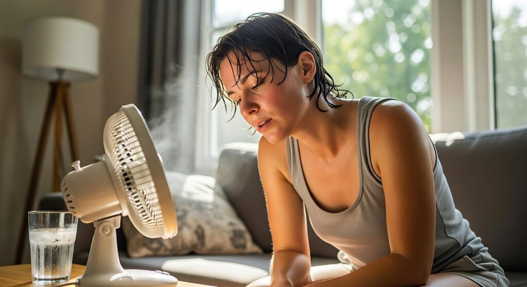 Young Woman Sweating Sitting Near Fan in Bright Living Room with Natural Light