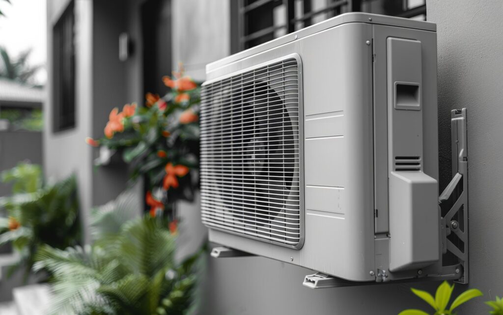 A white air conditioner unit is mounted on a wall. The unit is surrounded by a few potted plants