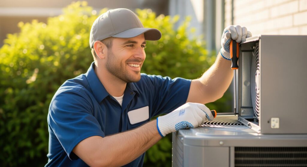 Smiling HVAC technician working on outdoor air conditioner unit with tools