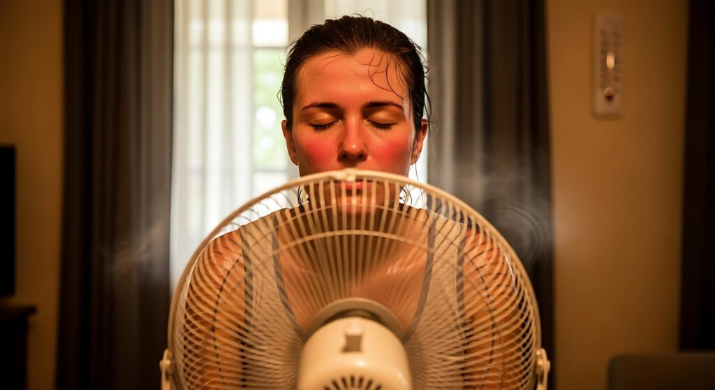 Young Woman with Wet Hair Facing Fan in Indoor Room Warm Lighting