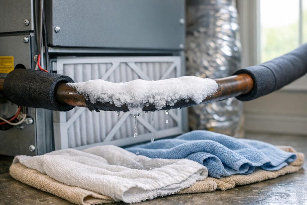Stock photo of a frozen copper AC line with visible frost next to a home HVAC unit, surrounded by clean filters and towels, taken with a DSLR camera for clear detail and professional appearance.